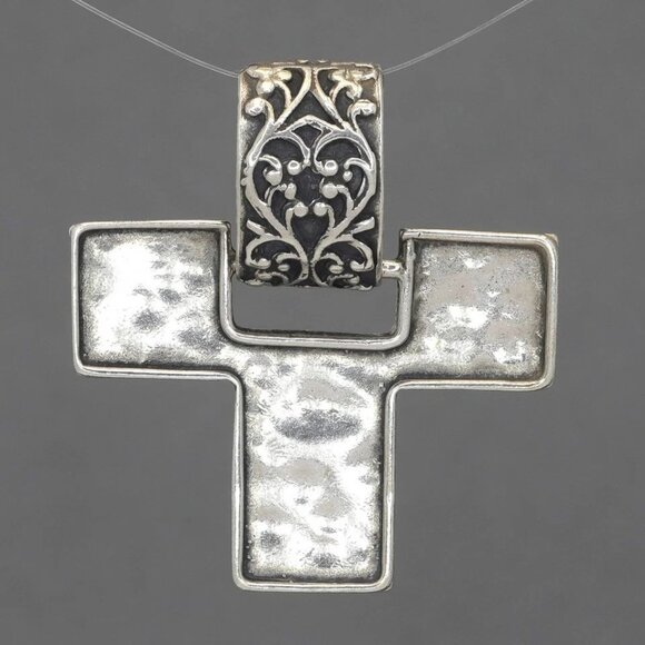 Retired Silpada S1514 Hammered Sterling Silver Cross Pendant Scroll Vine Design - Picture 1 of 6